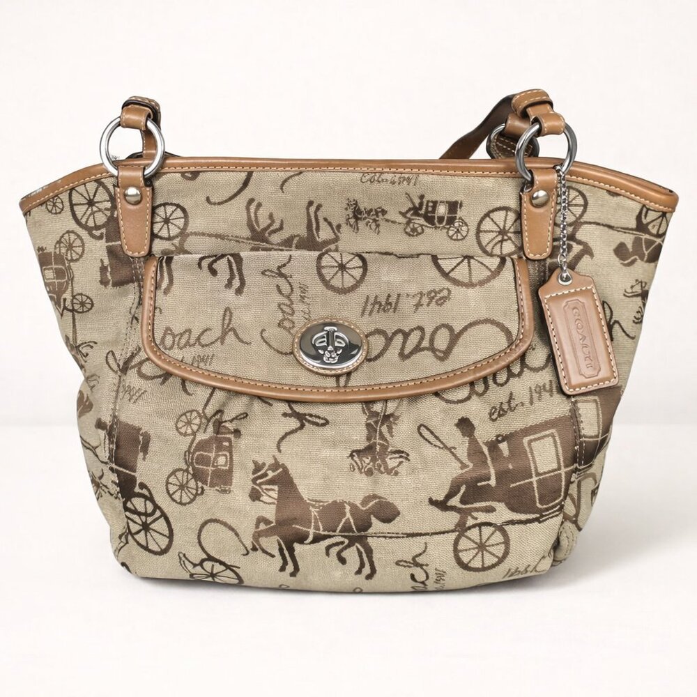 Vintage Coach Horse & Carriage Canvas Tote Brown Leather Trim Y2K Shoulder Bag